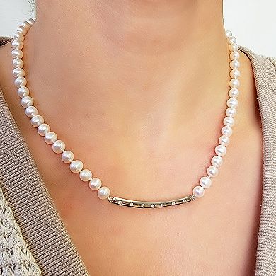 PearLustre by Imperial Freshwater Cultured Pearl, Sterling Silver & Lab-Created White Sapphire Center Bar Necklace