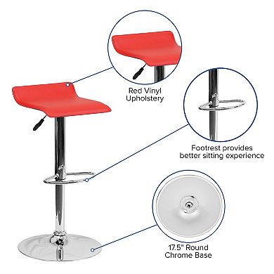 Emma and Oliver Red Vinyl Adjustable Height Barstool with Solid Wave Seat
