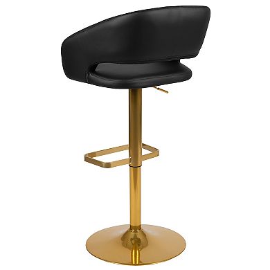 Emma and Oliver 2PK Black Vinyl Adjustable Height Barstool with Rounded Mid-Back and Gold Base