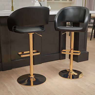 Emma and Oliver 2PK Black Vinyl Adjustable Height Barstool with Rounded Mid-Back and Gold Base