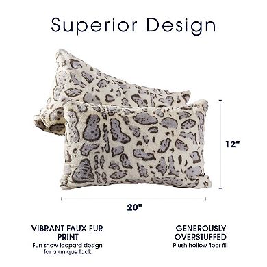 Cheer Collection Set of 2 Snow Leopard Print Throw Pillows - Soft Velvety Faux Fur Decorative Lumbar Couch Pillows