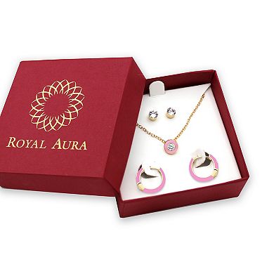 Royal Aura Pink Enamel Necklace, Stud & Hoop Earring Trio Set