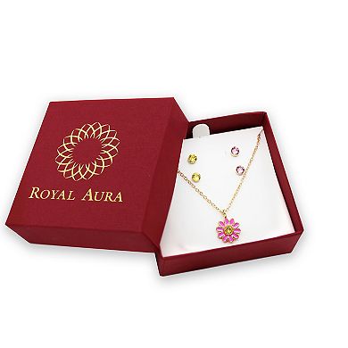 Royal Aura Gold Tone Enamel & Crystal Flower Power Pendant Necklace & Two Pair Stud Earrings Set