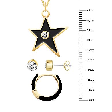 Royal Aura Gold Tone Black Enamel & Crystal Star Necklace, Huggie Earrings, & Stud Earrings Set