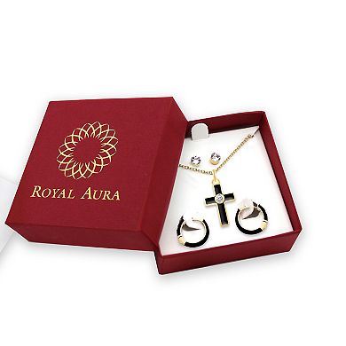 Royal Aura Gold Tone Black Enamel & Crystal Cross Pendant Necklace, Huggie Earrings, & Stud Earrings Set