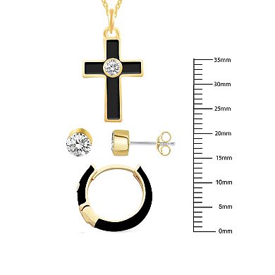 Royal Aura Gold Tone Black Enamel & Crystal Cross Pendant Necklace, Huggie Earrings, & Stud Earrings Set