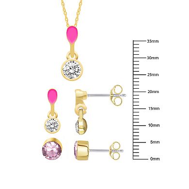 Royal Aura Gold Tone Pink Enamel & Crystal Pendant Necklace, Drop Earrings, & Stud Earrings Set