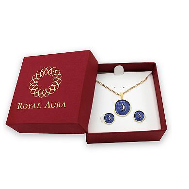 Royal Aura Moon Motif Blue Enamel Coin Pendant & Stud Earring Set
