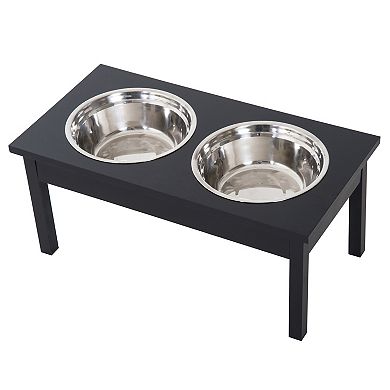 PawHut 2 Stainless Steel Pet Bowls 23"L Durable Wooden Heavy Duty Dog Feeding Station   Black