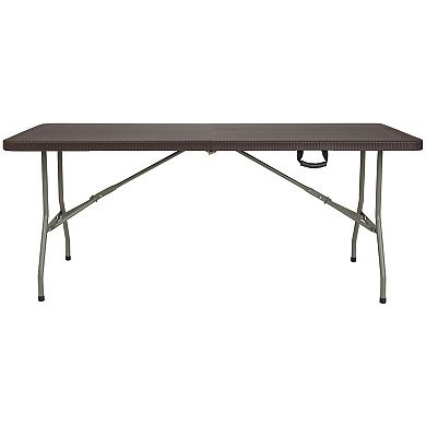 Emma and Oliver 6-Foot Bi-Fold Brown Rattan Plastic Folding Table with Handle - Event Table