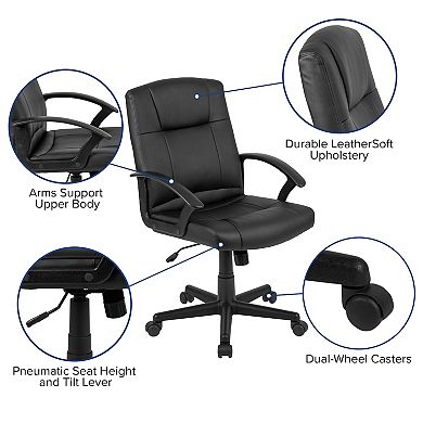 Emma and Oliver Mid-Back Black LeatherSoft-Padded Task Office Chair with Arms, BIFMA Certified