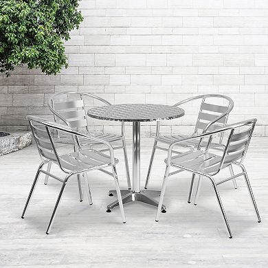 Emma and Oliver 27.5" Round Aluminum Table Set with 4 Slat Back Chairs