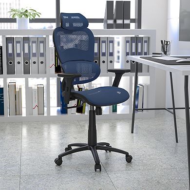 Emma and Oliver Ergonomic Blue Mesh Office Chair-Synchro-Tilt, Headrest, Adjustable Pivot Arms