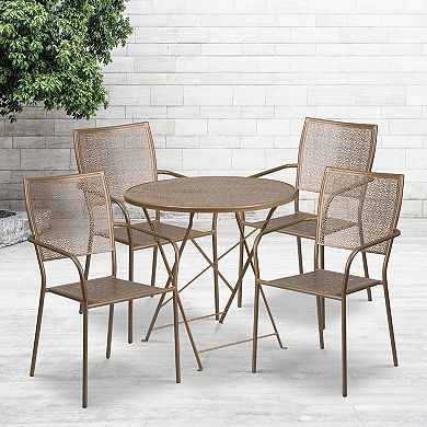 Emma and Oliver Commercial 30" Round Light Gray Folding Patio Table Set-4 Square Back Chairs