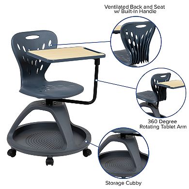 Emma and Oliver Black Mobile Desk Chair - 360° Tablet Rotation and Storage Cubby