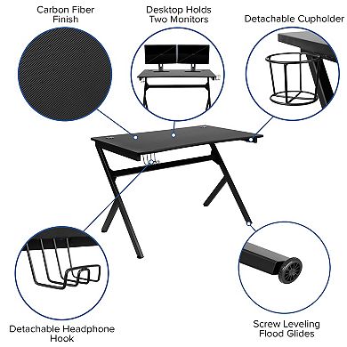 Emma and Oliver Black Computer Table Gaming Desk - Headphone Holder and 2 Cable Management Holes