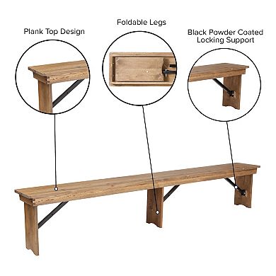 Emma and Oliver 8' x 12" Antique Rustic Solid Pine Folding Farm Bench - Portable Bench