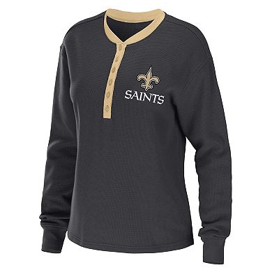 Women's WEAR by Erin Andrews Charcoal New Orleans Saints Waffle Henley Long Sleeve T-Shirt