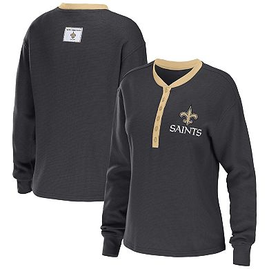 Women's WEAR by Erin Andrews Charcoal New Orleans Saints Waffle Henley Long Sleeve T-Shirt
