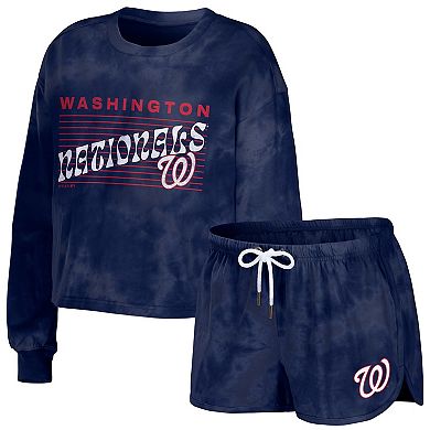 Women's WEAR by Erin Andrews Navy Washington Nationals Tie-Dye Cropped Pullover Sweatshirt & Shorts Lounge Set
