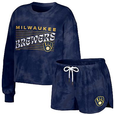 Women's WEAR by Erin Andrews Navy Milwaukee Brewers Tie-Dye Cropped Pullover Sweatshirt & Shorts Lounge Set