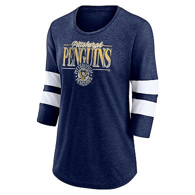 Women's Fanatics Branded Heathered Navy/White Pittsburgh Penguins Full Shield 3/4-Sleeve Tri-Blend Raglan Scoop Neck T-Shirt