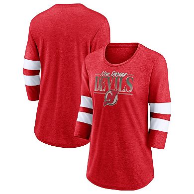 Women's Fanatics Branded Heathered Red/White New Jersey Devils Full Shield 3/4-Sleeve Tri-Blend Raglan Scoop Neck T-Shirt