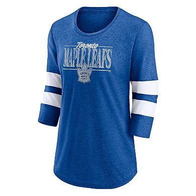 Women's Fanatics Branded Heathered Royal/White Toronto Maple Leafs Full Shield 3/4-Sleeve Tri-Blend Raglan Scoop Neck T-Shirt