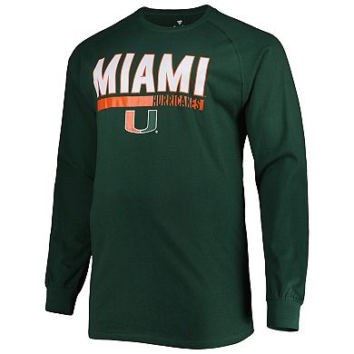 Men's Green Miami Hurricanes Big & Tall Two-Hit Raglan Long Sleeve T-Shirt