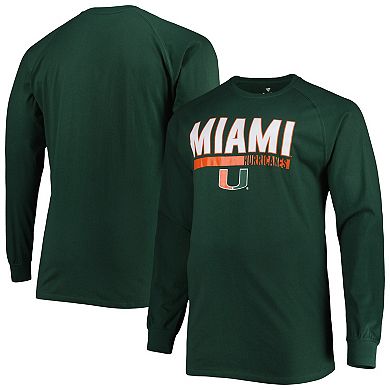 Men's Green Miami Hurricanes Big & Tall Two-Hit Raglan Long Sleeve T-Shirt