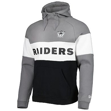 Men's New Era Black/Silver Las Vegas Raiders Colorblock Throwback Pullover Hoodie