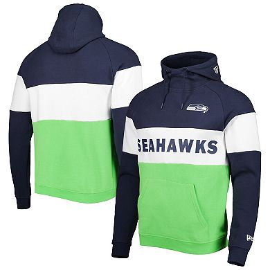 Men's New Era Neon Green/College Navy Seattle Seahawks Colorblock Current Pullover Hoodie