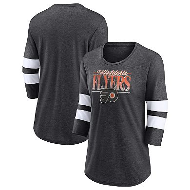 Women's Fanatics Branded Heathered Charcoal/White Philadelphia Flyers Full Shield 3/4-Sleeve Tri-Blend Raglan Scoop Neck T-Shirt