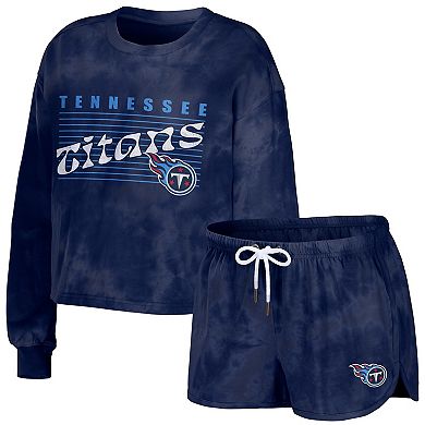 Women's WEAR by Erin Andrews Navy Tennessee Titans Tie-Dye Cropped Pullover Sweatshirt & Shorts Lounge Set