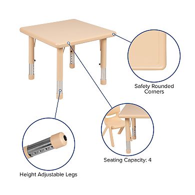 Emma and Oliver 24" Square Natural Plastic Height Adjustable Activity Table Set with 4 Chairs