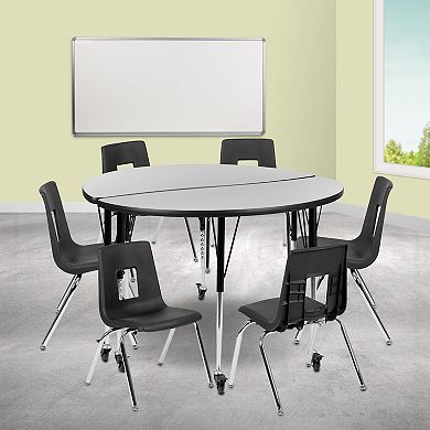 Emma and Oliver Mobile 47.5" Circle Wave Activity Table Set-16" Student Stack Chairs, Grey/Black