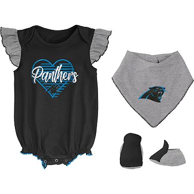 Girls Newborn & Infant Black/Heathered Gray Carolina Panthers All The Love Bodysuit Bib & Booties Set