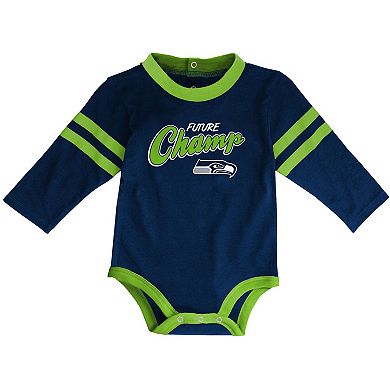 Infant College Navy/Neon Green Seattle Seahawks Little Kicker Long Sleeve Bodysuit & Pants Set