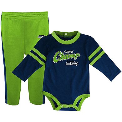 Infant College Navy/Neon Green Seattle Seahawks Little Kicker Long Sleeve Bodysuit & Pants Set
