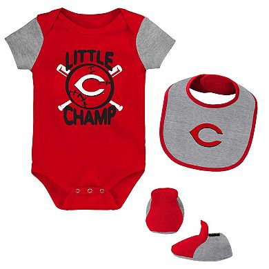 Newborn & Infant Red/Heather Gray Cincinnati Reds Little Champ Three-Pack Bodysuit Bib & Booties Set