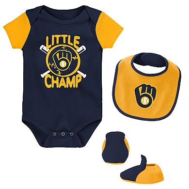 Newborn & Infant Navy/Gold Milwaukee Brewers Little Champ Three-Pack Bodysuit Bib & Booties Set
