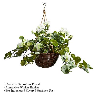 Pure Garden Artificial White Geranium Hanging Basket Wall Decor