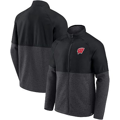 Men's Fanatics Branded Black/Heathered Charcoal Wisconsin Badgers Durable Raglan Full-Zip Jacket