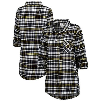 Women's Concepts Sport Black Boston Bruins Mainstay Flannel Full-Button Long Sleeve Nightshirt