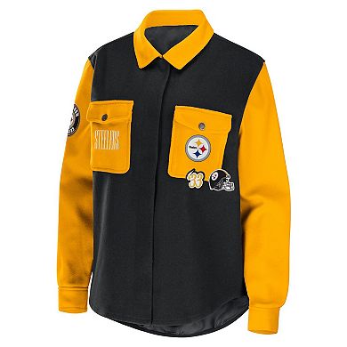 Women's WEAR by Erin Andrews Black Pittsburgh Steelers Snap-Up Shirt Jacket