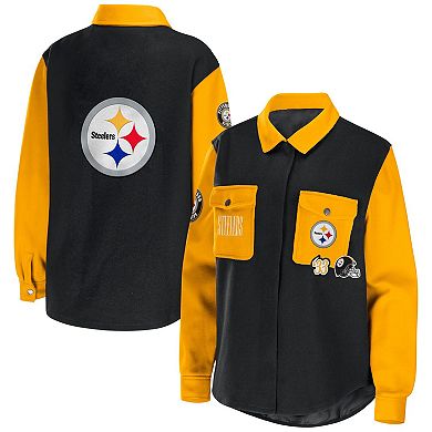 Women's WEAR by Erin Andrews Black Pittsburgh Steelers Snap-Up Shirt Jacket