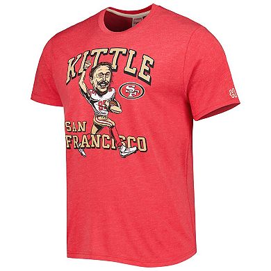 Men's Homage George Kittle Heathered Scarlet San Francisco 49ers Caricature Player Tri-Blend T-Shirt