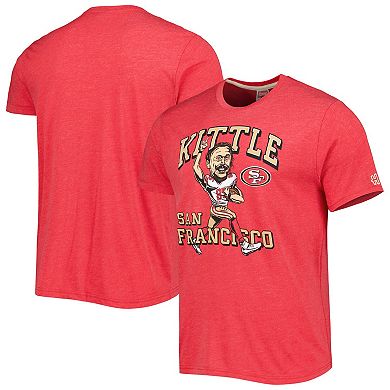 Men's Homage George Kittle Heathered Scarlet San Francisco 49ers Caricature Player Tri-Blend T-Shirt