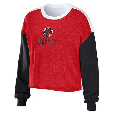 Women's WEAR by Erin Andrews Heather Red Toronto Raptors Mixed Letter Cropped Pullover Sweatshirt