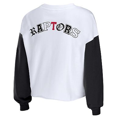 Women's WEAR by Erin Andrews Heather Red Toronto Raptors Mixed Letter Cropped Pullover Sweatshirt
